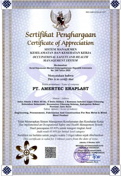 Sertifikat Penghargaan Certificate — PT Amertec Eraplast